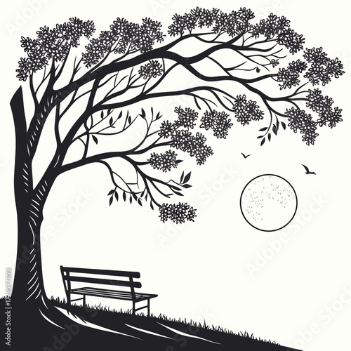 Minimilist illustration of a park bench under a tree with a full moon in a black and white drawing style scene vector