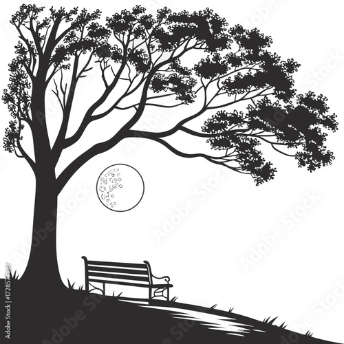 Minimilist illustration of a park bench under a tree with a full moon in a black and white drawing style scene vector