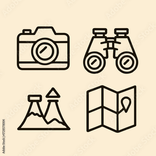 Line icons of camera, binoculars, mountains, and map elements  