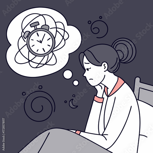 Sleepless Woman with Anxiety and Overthinking at Night, Mental Health Concept, Insomnia Illustration, Stress and Worry Vector Art, Depression Symptoms, Emotional Distress Graphic