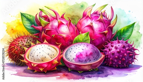 Watercolor painting of dragon fruit and other tropical fruits.