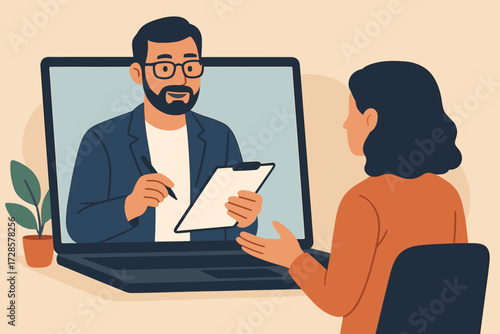 Virtual consultation between a man and a woman using a laptop screen in a cozy setting