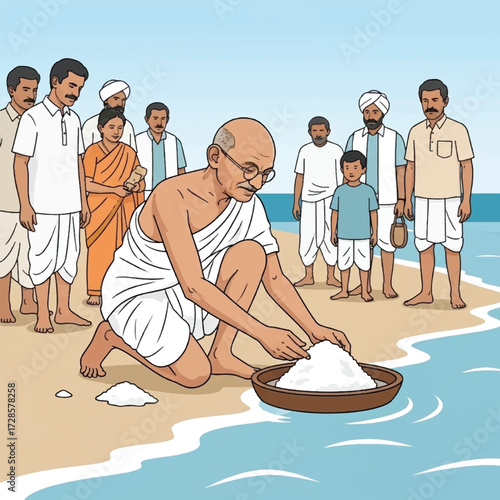 Illustration of Mahatma Gandhi collecting salt on a beach with a crowd watching.