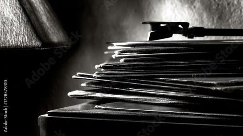 Vintage vinyl records stacked on turntable