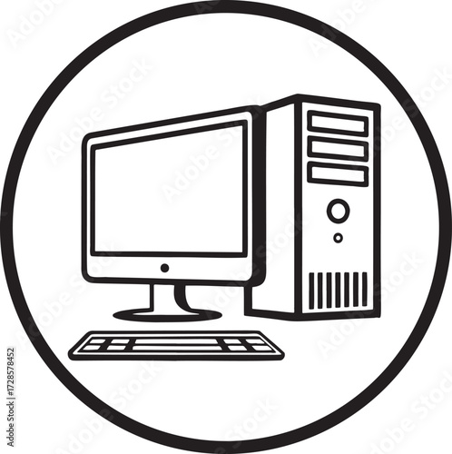 Black and white icon of a desktop computer and keyboard inside a circle technology