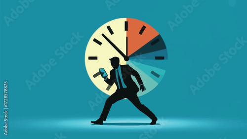 Silhouette of a businessman running against a clock face with pie chart segments representing time management and deadlines