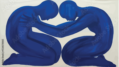 Two blue human figures in a kneeling embrace heads bowed in a moment of shared solace and deep connection