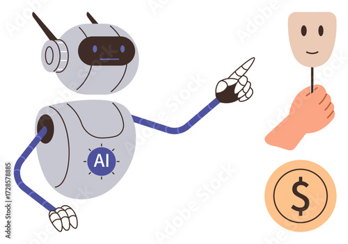 Robot with AI label pointing at a human mask held in a hand and a money coin. Ideal for AI ethics, identity, technology, behavior analysis, finance, automation, innovation. Simple flat metaphor
