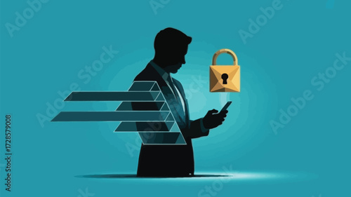 Silhouette of a businessman using a smartphone with a glowing padlock symbol and abstract data streams representing digital security and privacy