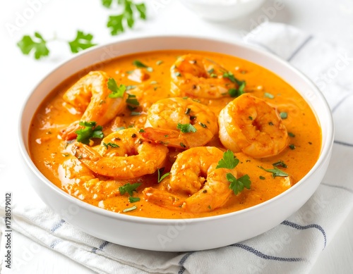 Creamy orange shrimp curry in a white bowl (1)
