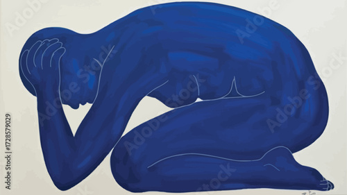 Abstract blue silhouette of a woman kneeling with her head in her hands conveying distress and introspection in a minimalist artistic style