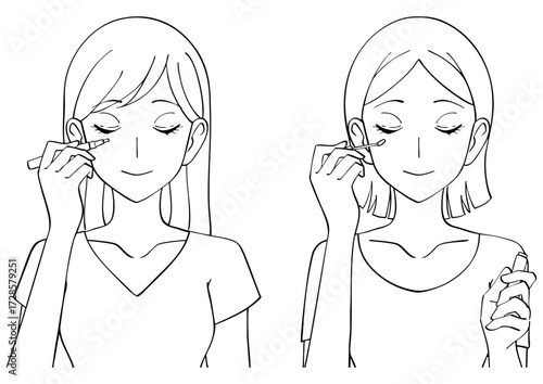 コンシーラーを塗る女性の白黒イラストセット