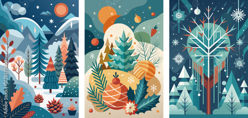 Pinecones, fir trees,  holly leaves, Frosty branches, Snowflakes, forest winter concept, abstract fantasy wallpaper designs