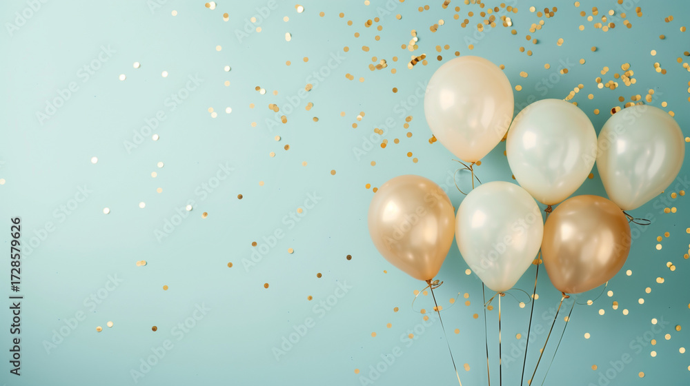 Fototapeta premium Elegant Balloon Flat Lay in Soft Earth Tones with Golden Confetti on Powder Blue Background