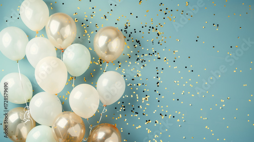Elegant Balloon Flat Lay in Soft Earth Tones with Golden Confetti on Powder Blue Background
