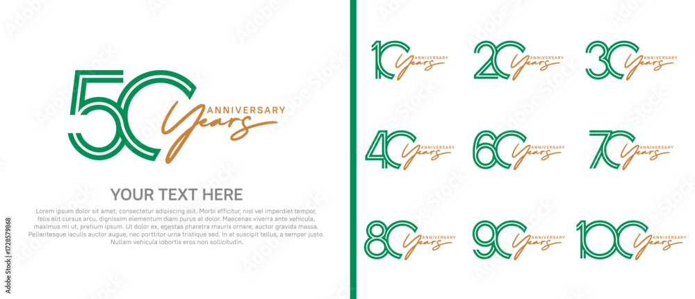 Naklejka premium logo anniversary set. green color with brown handwriting on white background for special event
