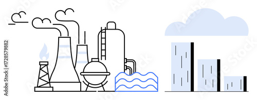 Factory emitting smoke, chimneys, tanks, urban buildings, water waves, and clouds. Ideal for pollution, industry city growth environment energy urbanization sustainability themes. Modern simple