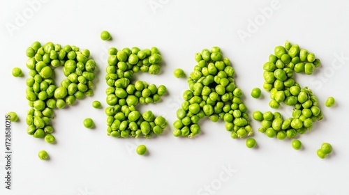 Close-Up of Creative Green Peas Arrangement Forming the Word 'PEAS' on a Pristine White Background, Symbolizing the Importance of Healthy, Nutritious, and Environmentally Friendly Food Choices