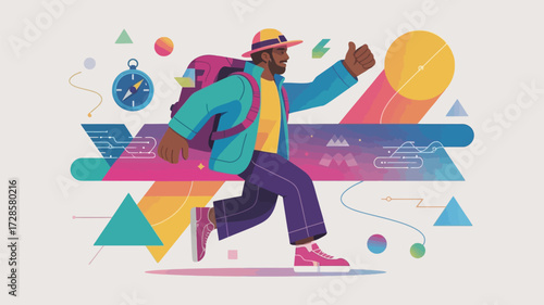 Adventurous black man with backpack and hat hiking with thumbs up and geometric shapes background