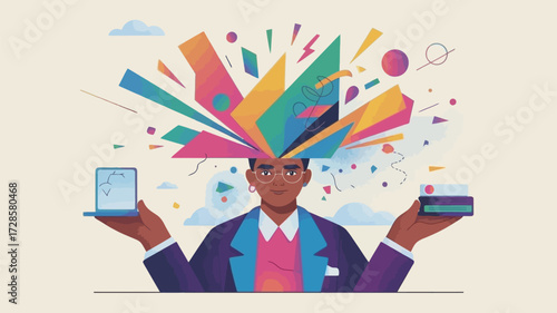 Creative businessman with colorful ideas exploding from his head holding a laptop and credit card representing innovation and financial success