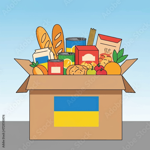 An illustration of a cardboard box full of food donations, such as bread, canned goods, and fruit, with the Ukrainian flag on the front.
