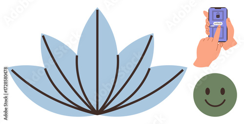 Blue lotus flower paired with a phone unlocking via fingerprint, green smiling face. Ideal for technology, mindfulness, relaxation, positivity, identity security, simplicity, digital well-being