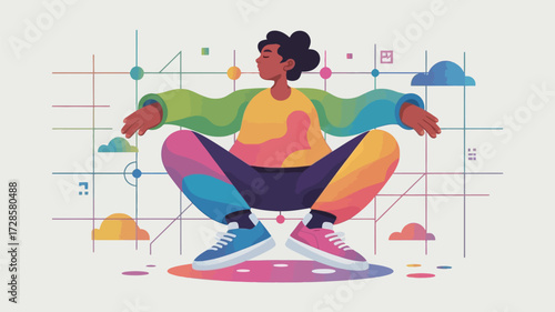 Modern abstract illustration of a person in a dynamic pose surrounded by colorful geometric shapes and data visualization elements