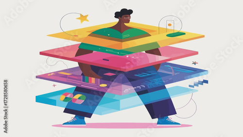 Abstract illustration of a person standing within colorful layered geometric shapes representing data visualization and digital transformation concepts