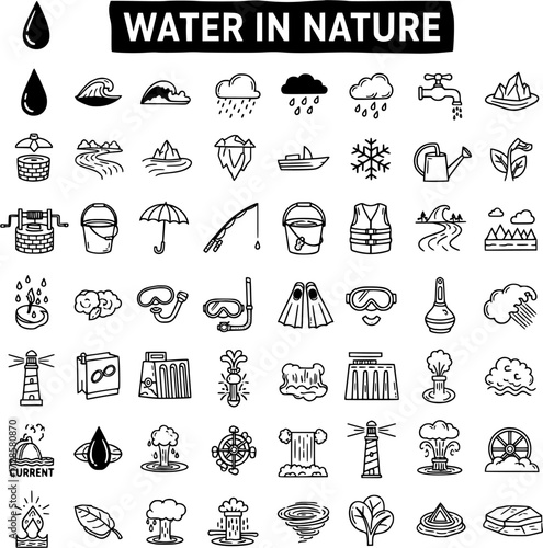 Water in Nature Icon Set: Diverse Collection of Weather, Aquatic Life, and Water-Related Elements in Doodle Style