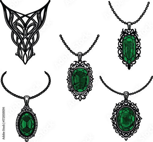 Elegant black metal necklaces with green gemstone pendants, ornate jewelry design, luxury fashion accessories, gemstone statement pieces, stylish decorative collar