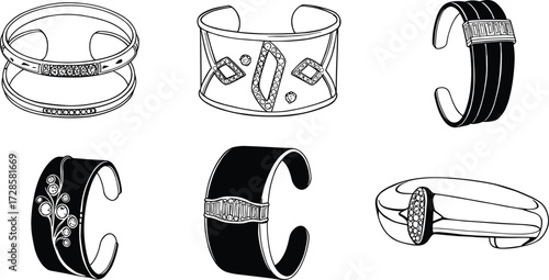 Bracelet design illustration, jewelry sketch collection, fashion accessory drawing, ornamental cuff art, gemstone bangle outline, decorative wristband concept,