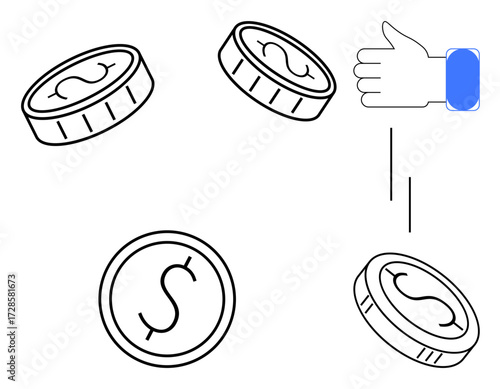 Coins tossed by a hand during a coin flip, emphasizing randomness, decision-making, uncertainty, gambling, financial risk, luck, and game theory. Ideal for concepts of choice in a simple flat