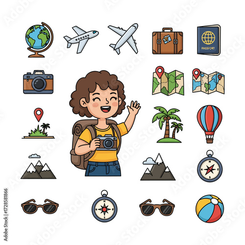 Joyful traveler with camera and backpack embarking on exciting adventures, surrounded by travel essentials like globes, planes, maps, and destinations