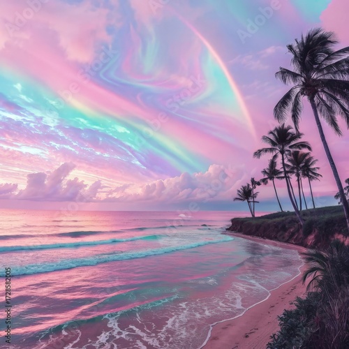 Fantasy landscape with palm trees, path and rainbow. 3d render