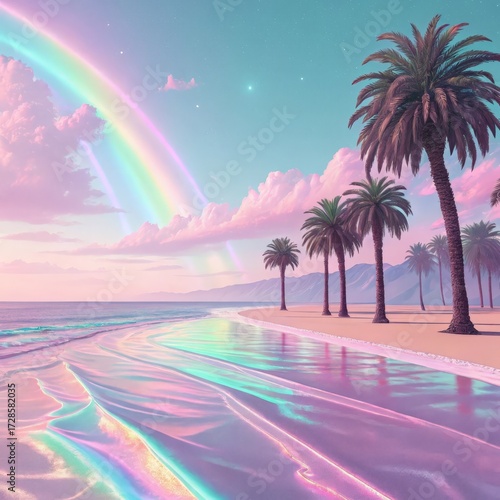 Fantasy landscape with palm trees, path and rainbow. 3d render