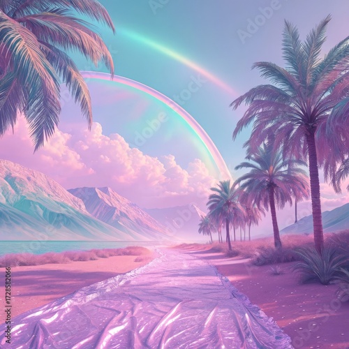 Fantasy landscape with palm trees, path and rainbow. 3d render