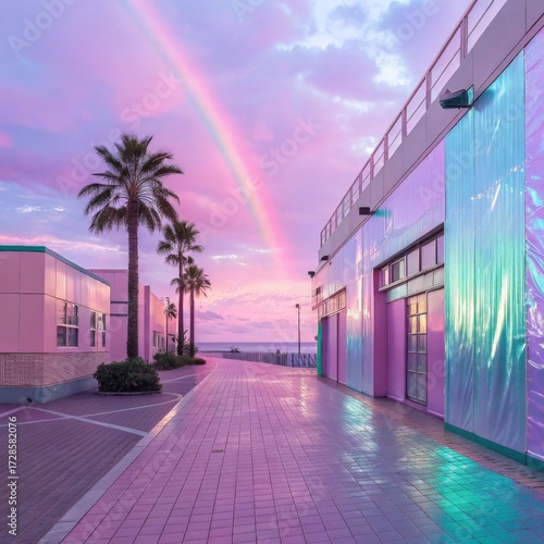 Modern architecture of a hotel at sunset with a rainbow in the sky