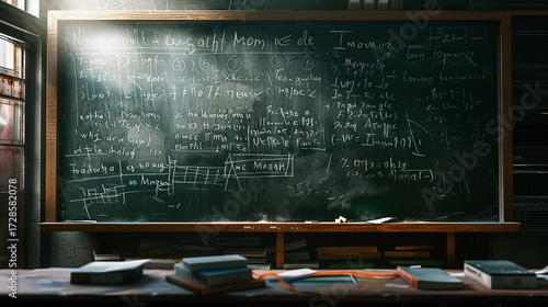 Vintage classroom blackboard filled with complex equations and mathematical formulas academic