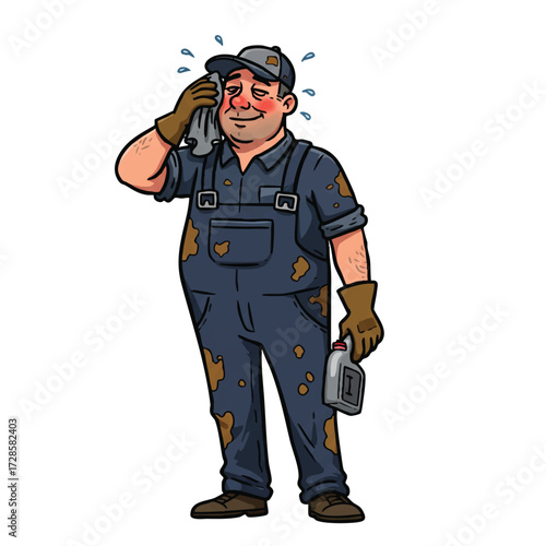Exhausted Mechanic Wipes Sweat After a Long Day