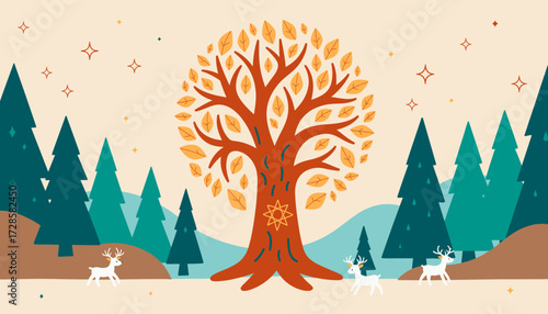 The Eternal Tree, symbolizing the constant change of nature with woodland creatures in a serene forest, solstice