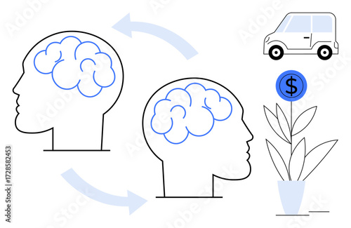 Two heads with brain outlines connected by arrows, symbolizing cognitive exchange a car and plant with a dollar sign highlighting growth, resources, and success. Ideal for teamwork, collaboration