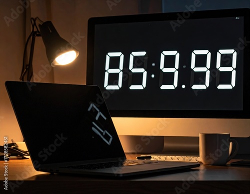 A desk with a laptop and monitor displaying the time 85:9.99 under a lamp.