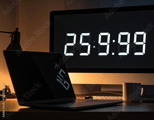Laptop and monitor displaying the time 25:99:99, an impossible time.