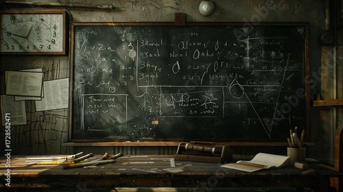 A dimly lit classroom featuring a chalkboard covered with equations and an aged desk space