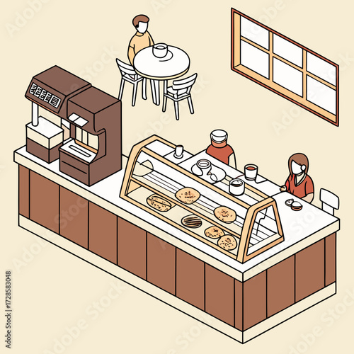 Isometric cartoon illustration of a coffee shop interior with customers and staff
