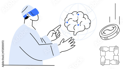 Individual wearing VR headset interacts with virtual 3D brain. Coin represents finance, teamwork icon signifies collaboration. Ideal for tech innovation, AI, education, healthcare, finance, teamwork
