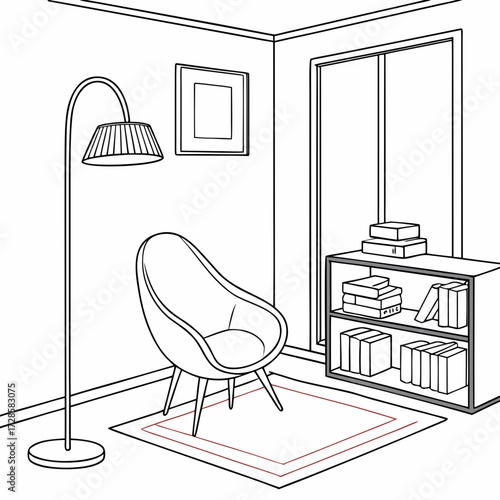 Interior scene with chair, lamp, and bookshelf