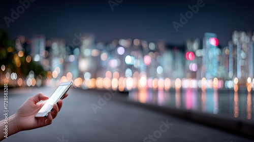 Hand Holding Cellphone Against Bokeh Cityscape At Night With Reflected Lights on Water