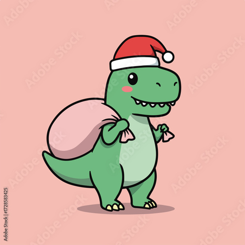 A cartoon dinosaur wearing a Santa hat carries a sack of presents, smiling against a light pink background.