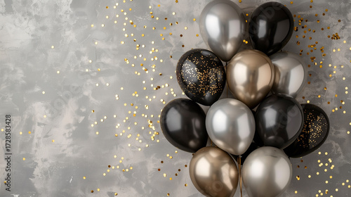 Elegant Balloon Flat Lay in Soft Earth Tones with Golden Confetti on Powder Blue Background